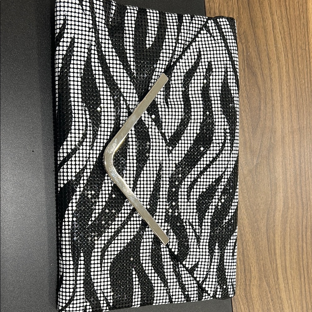 Bebe Black and white Clutch with Silver Zipper